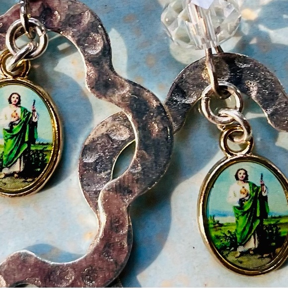 SOLD St. Jude Hammered Silver Dangle Earrings - Picture 6 of 16